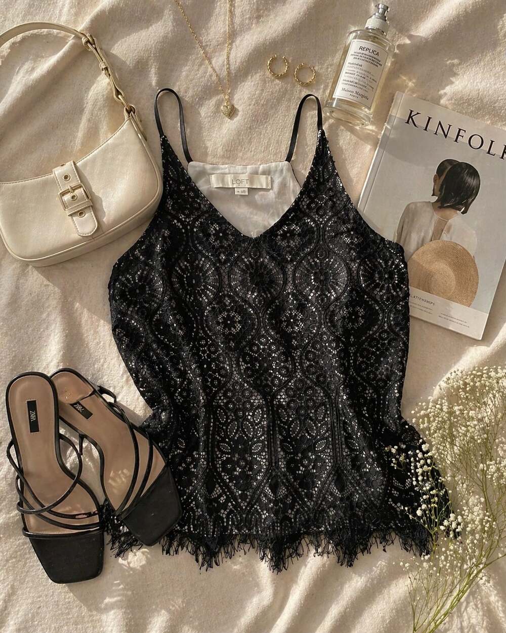 LOFT Black Lace Camisole XS‎ Sheer Y2K Coquette Fairy Top